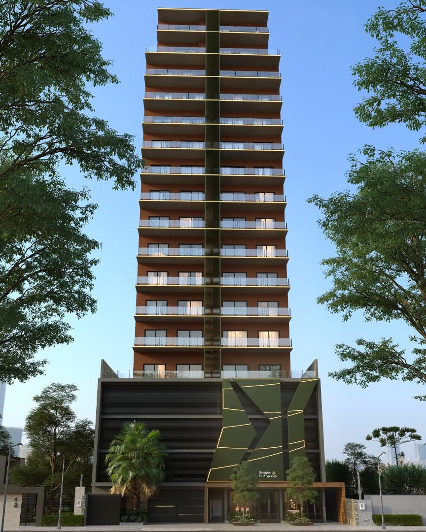Render da torre do Bosque das Aráceas vista da rua, entre árvores, com o embasamento em painéis verdes.